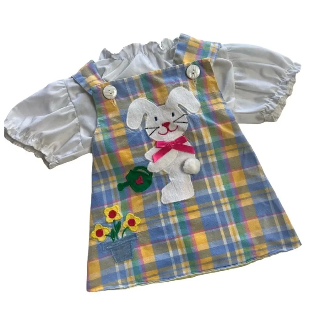 Vintage 1986 Bunny Embroidered Pastel Plaid Pinafore Overalls Cotton Apron Dress